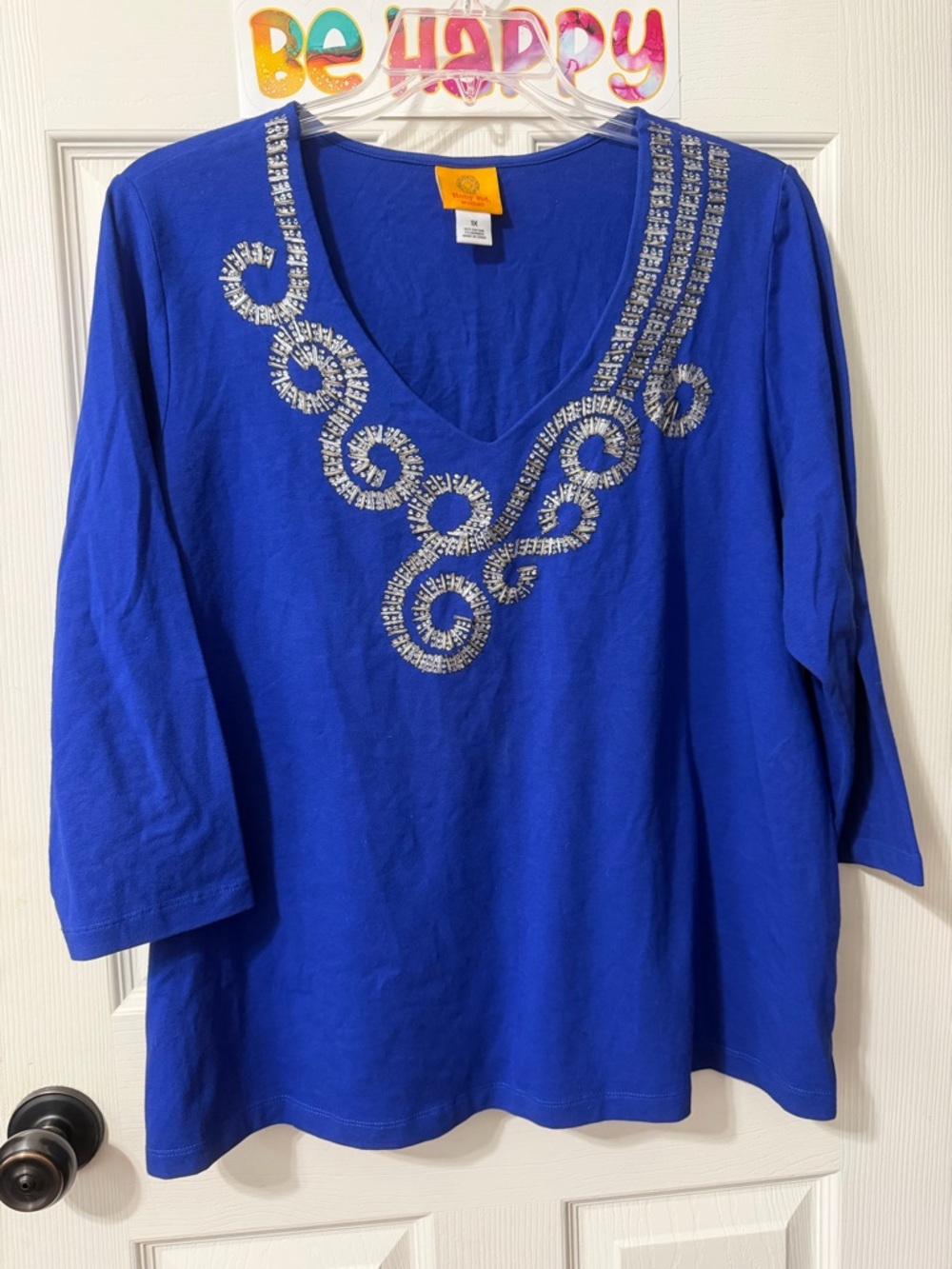 Ruby Rd. Royal Blue V-Neck Long Sleeve Top with Silver Bead Swirls